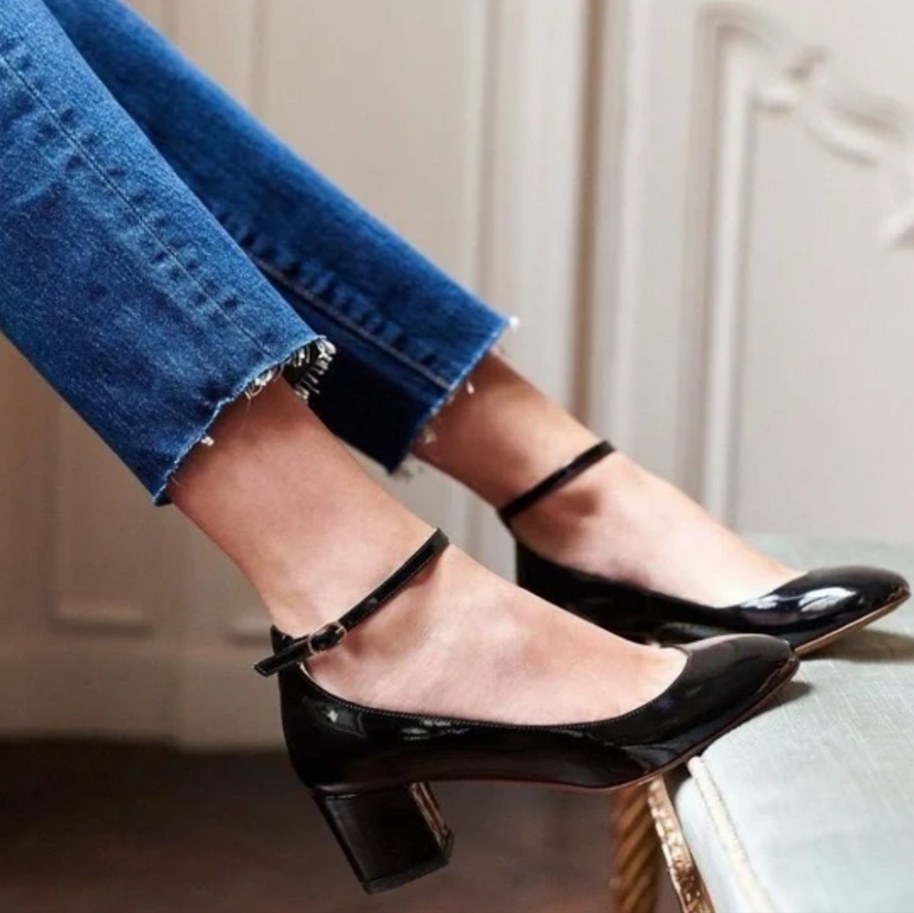 Sezane Ashley Babies Mary Jane Block Heel Pumps Size 35 5 Patent Leather Black
